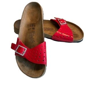 Sz EU42 Narrow Birki’s Red Perforated Patent Leather Madrid Sandals EUC